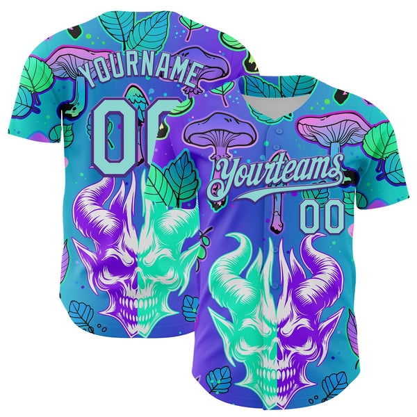 Maxcorners Custom Blue Ice Blue-Purple 3D Pattern Design Trippy Magic Mushrooms Demon Skull Premium Baseball Jersey LM0210
