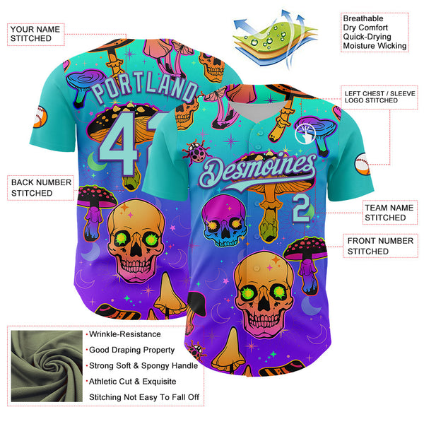 Maxcorners Custom Blue Ice Blue-Purple 3D Pattern Design Trippy Magic Mushrooms Skull Premium Baseball Jersey LM0210