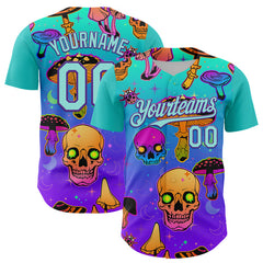 Maxcorners Custom Blue Ice Blue-Purple 3D Pattern Design Trippy Magic Mushrooms Skull Authentic Baseball Jersey
 LM0609