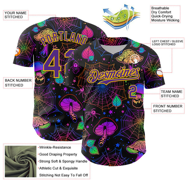 Maxcorners Custom Black Purple-Yellow 3D Pattern Design Trippy Magic Mushrooms Spider Web Premium Baseball Jersey LM0210