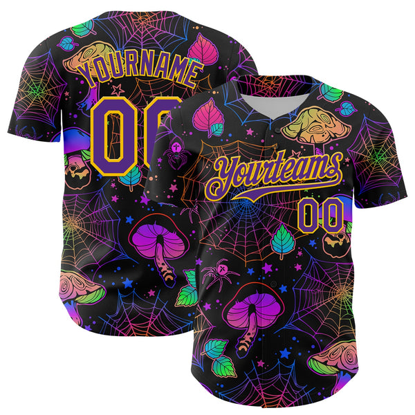 Maxcorners Custom Black Purple-Yellow 3D Pattern Design Trippy Magic Mushrooms Spider Web Premium Baseball Jersey LM0210