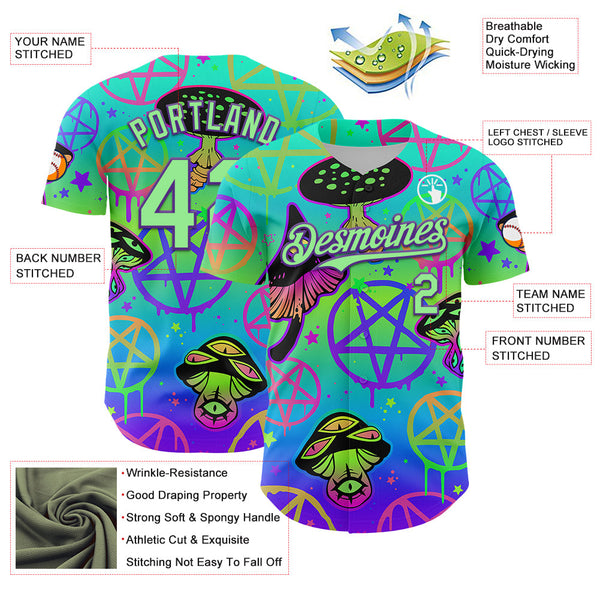 Maxcorners Custom Blue Pea Green-Purple 3D Pattern Design Trippy Magic Mushrooms Pentacle Premium Baseball Jersey LM0210