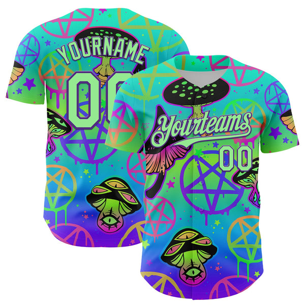 Maxcorners Custom Blue Pea Green-Purple 3D Pattern Design Trippy Magic Mushrooms Pentacle Premium Baseball Jersey LM0210