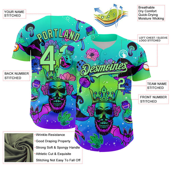 Maxcorners Custom Blue Pea Green-Black 3D Pattern Design Trippy Magic Mushrooms Skull Premium Baseball Jersey LM0210