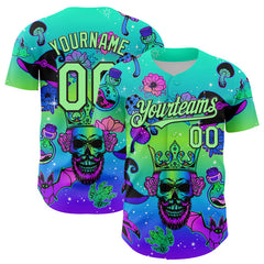 Maxcorners Custom Blue Pea Green-Black 3D Pattern Design Trippy Magic Mushrooms Skull Authentic Baseball Jersey
 LM0609