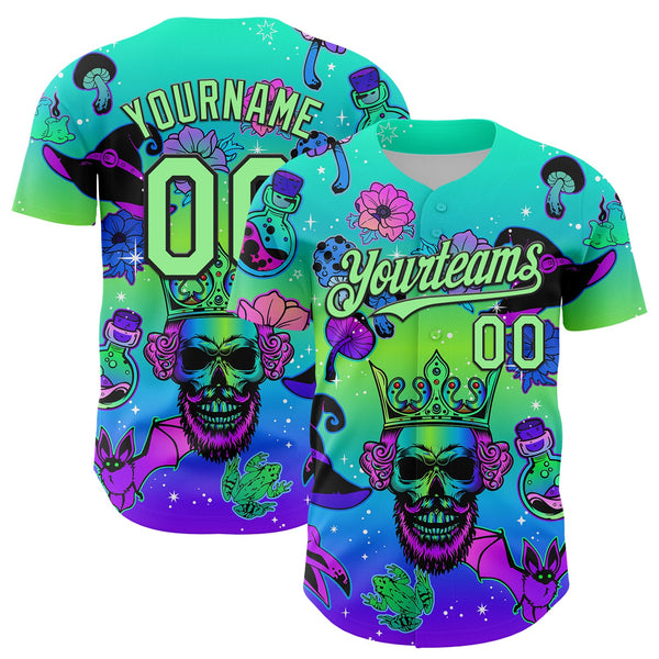 Maxcorners Custom Blue Pea Green-Black 3D Pattern Design Trippy Magic Mushrooms Skull Premium Baseball Jersey LM0210