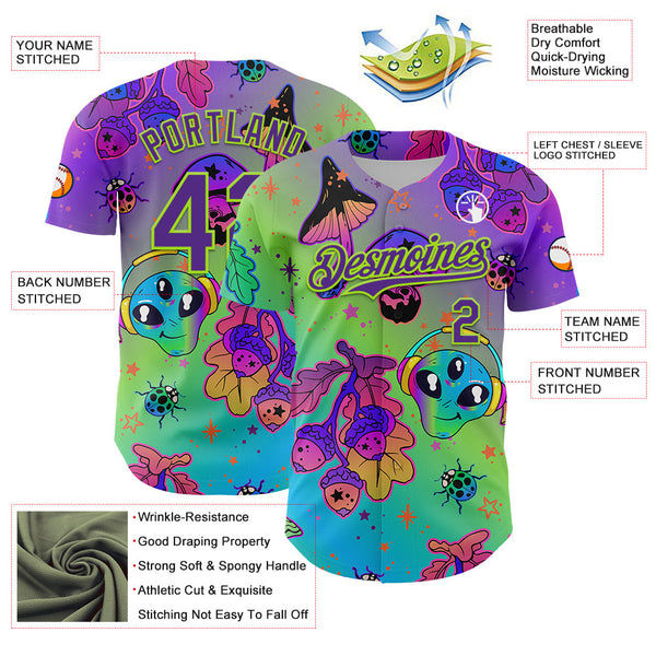 Maxcorners Custom Purple Neon Green 3D Pattern Design Trippy Magic Mushrooms Alien Premium Baseball Jersey LM0210