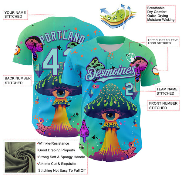 Maxcorners Custom Blue Ice Blue-Purple 3D Pattern Design Trippy Psychedelic Magic Mushrooms Premium Baseball Jersey LM0210
