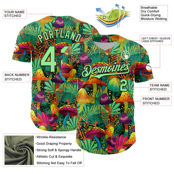 Maxcorners Custom Green Pea Green-Black 3D Pattern Design Trippy Magic Mushrooms Plant Premium Baseball Jersey LM0210