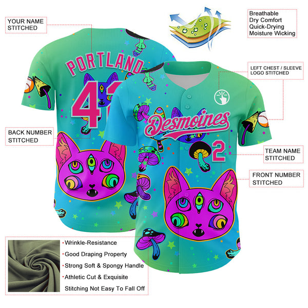 Maxcorners Custom Green Hot Pink-Ice Blue 3D Pattern Design Trippy Magic Mushrooms Cats Premium Baseball Jersey LM0210