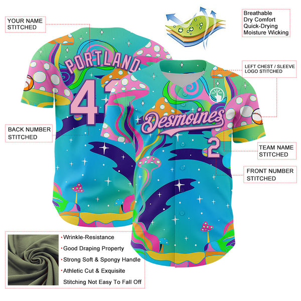 Maxcorners Custom Navy Light Pink-Purple 3D Pattern Design Trippy Psychedelic Magic Mushrooms Premium Baseball Jersey LM0210
