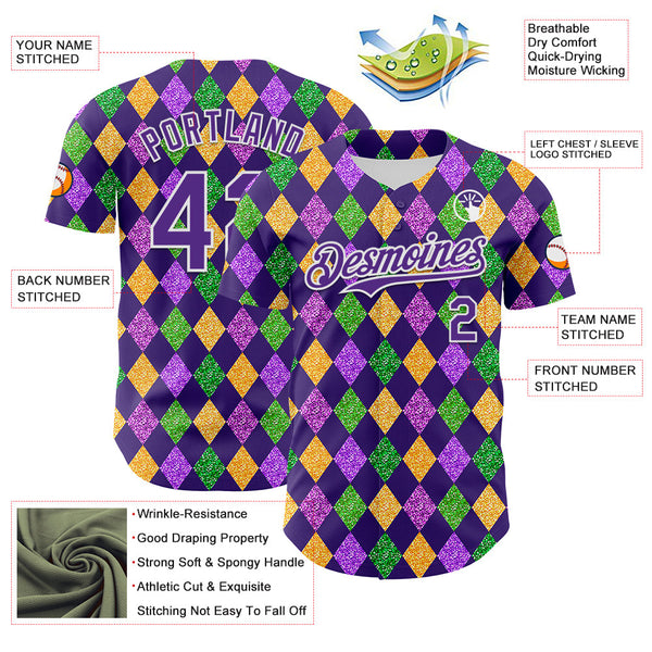 Maxcorners Custom Purple White 3D Pattern Design Mardi Gras Shrove Tuesday Premium Baseball Jersey LM0210