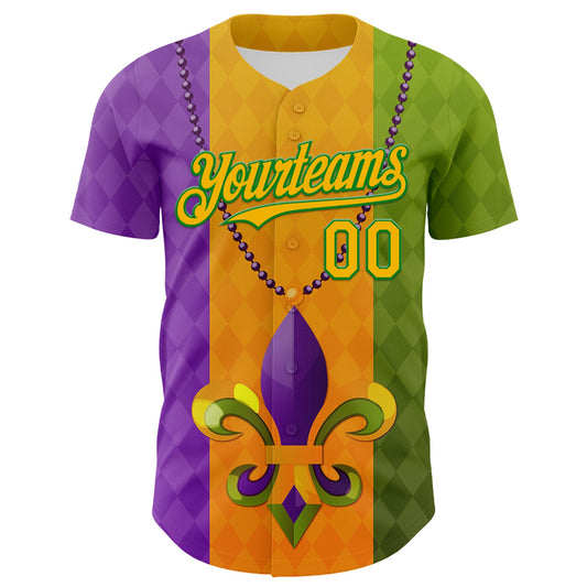 Maxcorners Custom Purple Gold-Grass Green 3D Pattern Design Mardi Gras Shrove Tuesday Premium Baseball Jersey LM0210