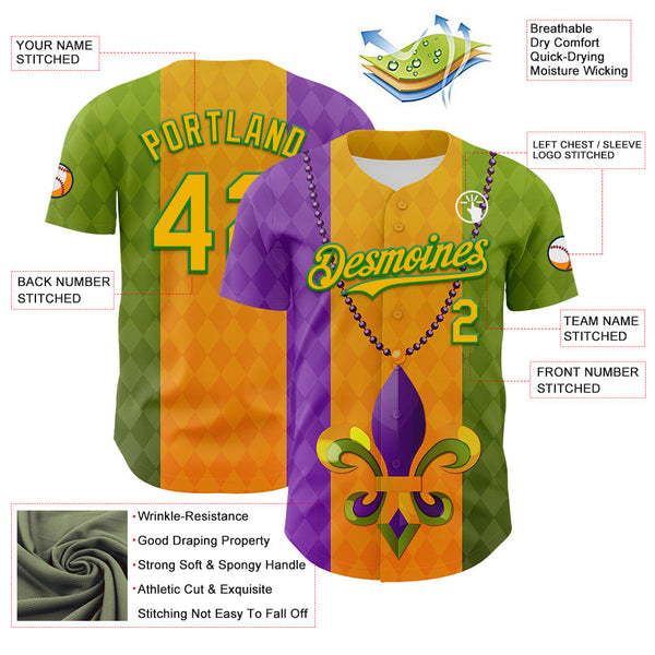Maxcorners Custom Purple Gold-Grass Green 3D Pattern Design Mardi Gras Shrove Tuesday Premium Baseball Jersey LM0210