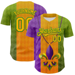 Maxcorners Custom Purple Gold-Grass Green 3D Pattern Design Mardi Gras Shrove Tuesday Premium Baseball Jersey LM0210