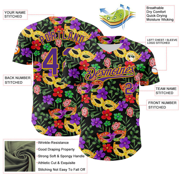 Maxcorners Custom Black Purple-Gold 3D Pattern Design Mardi Gras Shrove Tuesday Premium Baseball Jersey LM0210