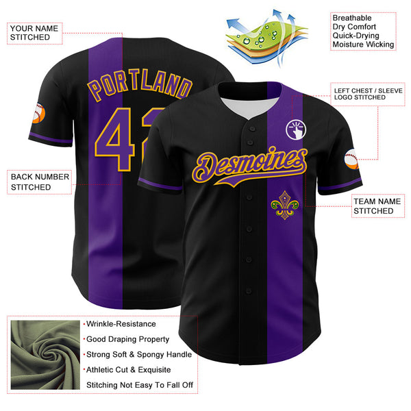 Maxcorners Custom Black Purple-Gold 3D Pattern Design Mardi Gras Shrove Tuesday Baseball Jersey LM0210