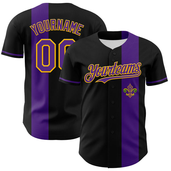 Maxcorners Custom Black Purple-Gold 3D Pattern Design Mardi Gras Shrove Tuesday Baseball Jersey LM0210