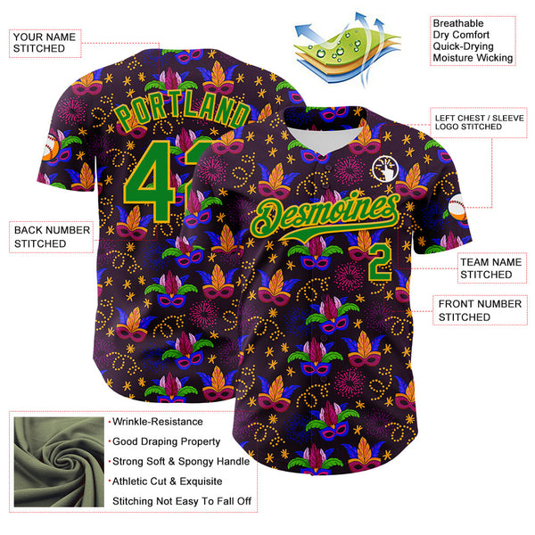 Maxcorners Custom Purple Grass Green-Gold 3D Pattern Design Mardi Gras Shrove Tuesday Premium Baseball Jersey LM0210
