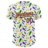 Maxcorners Custom White Purple-Yellow 3D Pattern Design Mardi Gras Shrove Tuesday Premium Baseball Jersey LM0210