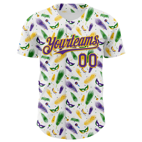 Maxcorners Custom White Purple-Yellow 3D Pattern Design Mardi Gras Shrove Tuesday Premium Baseball Jersey LM0210