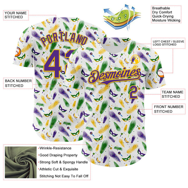 Maxcorners Custom White Purple-Yellow 3D Pattern Design Mardi Gras Shrove Tuesday Premium Baseball Jersey LM0210
