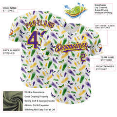 Maxcorners Custom White Purple-Yellow 3D Pattern Design Mardi Gras Shrove Tuesday Premium Baseball Jersey LM0210
