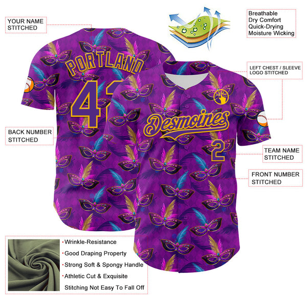 Maxcorners Custom Purple Gold 3D Pattern Design Mardi Gras Shrove Tuesday Premium Baseball Jersey LM0210