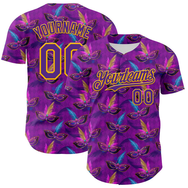 Maxcorners Custom Purple Gold 3D Pattern Design Mardi Gras Shrove Tuesday Premium Baseball Jersey LM0210