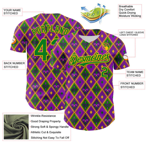 Maxcorners Custom Purple Grass Green-Gold 3D Pattern Design Mardi Gras Shrove Premium Baseball Jersey LM0210