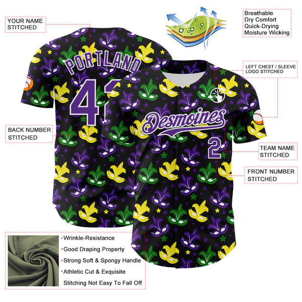Maxcorners Custom Black Purple-White 3D Pattern Design Mardi Gras Shrove Tuesday Premium Baseball Jersey LM0210