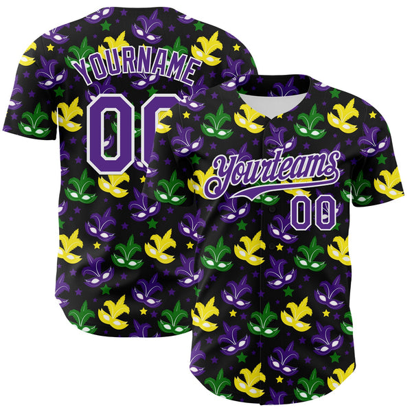 Maxcorners Custom Black Purple-White 3D Pattern Design Mardi Gras Shrove Tuesday Premium Baseball Jersey LM0210