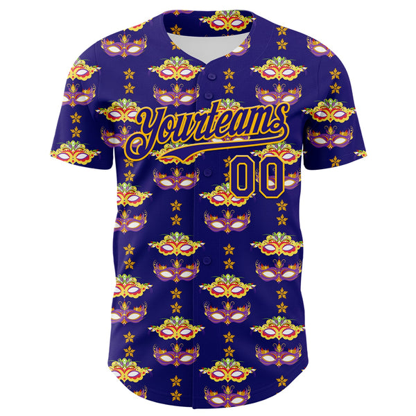 Maxcorners Custom Dark Purple Gold 3D Pattern Design Mardi Gras Shrove Tuesday Premium Baseball Jersey LM0210