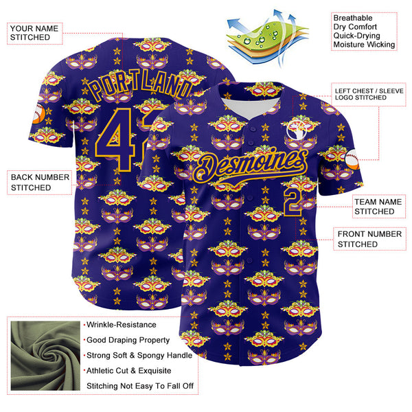 Maxcorners Custom Dark Purple Gold 3D Pattern Design Mardi Gras Shrove Tuesday Premium Baseball Jersey LM0210