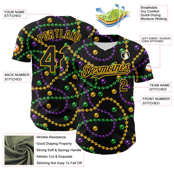Maxcorners Custom Black Gold 3D Pattern Design Mardi Gras Shrove Tuesday Premium Baseball Shirt LM0210