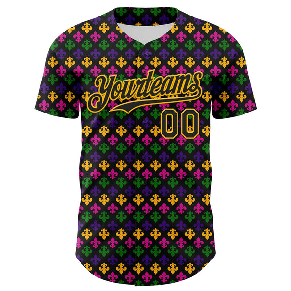 Maxcorners Custom Black Gold 3D Pattern Design Mardi Gras Shrove Tuesday Premium Baseball Jerseys LM0210