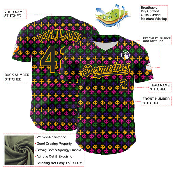 Maxcorners Custom Black Gold 3D Pattern Design Mardi Gras Shrove Tuesday Premium Baseball Jerseys LM0210