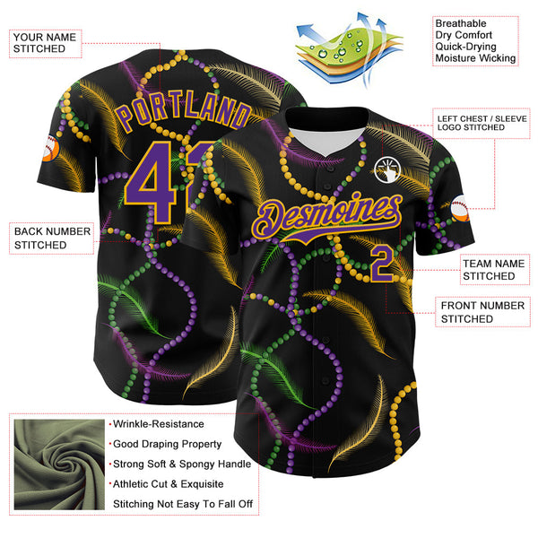 Maxcorners Custom Black Purple-Gold 3D Pattern Design Mardi Gras Shrove Tuesday Premium Baseball Shirt LM0210