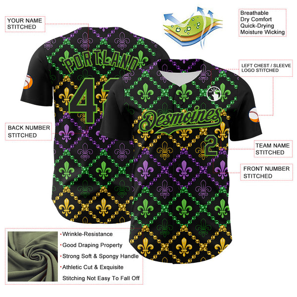 Maxcorners Custom Black Aurora Green 3D Pattern Design Mardi Gras Shrove Tuesday Premium Baseball Jersey LM0210