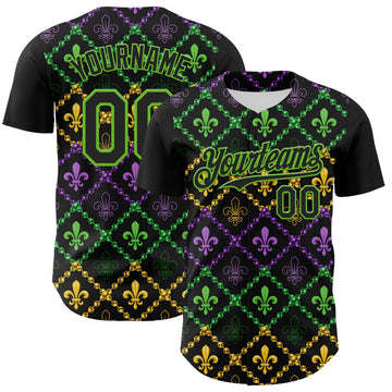 Maxcorners Custom Black Aurora Green 3D Pattern Design Mardi Gras Shrove Tuesday Authentic Baseball Jersey LM2605