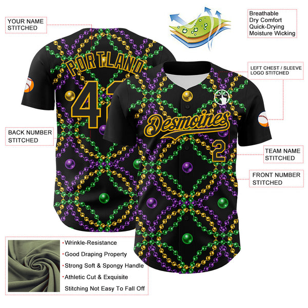 Maxcorners Custom Black Gold 3D Pattern Design Mardi Gras Shrove Tuesday Baseball Jerseys LM0210