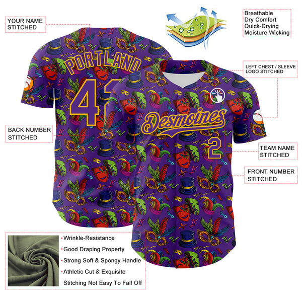 Maxcorners Custom Purple Gold 3D Pattern Design Mardi Gras Shrove Tuesday Premium Baseball Jerseys LM0210