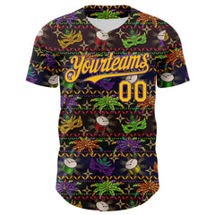 Maxcorners Custom Black Gold-Purple 3D Pattern Design Mardi Gras Shrove Tuesday Premium Baseball Jersey LM0210