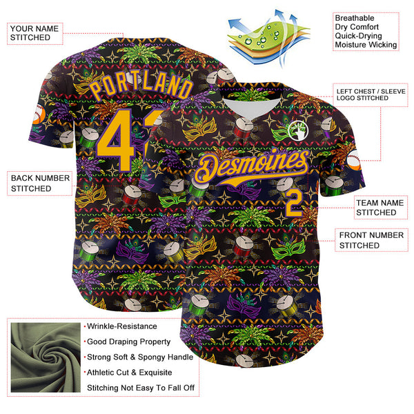 Maxcorners Custom Black Gold-Purple 3D Pattern Design Mardi Gras Shrove Tuesday Premium Baseball Jersey LM0210