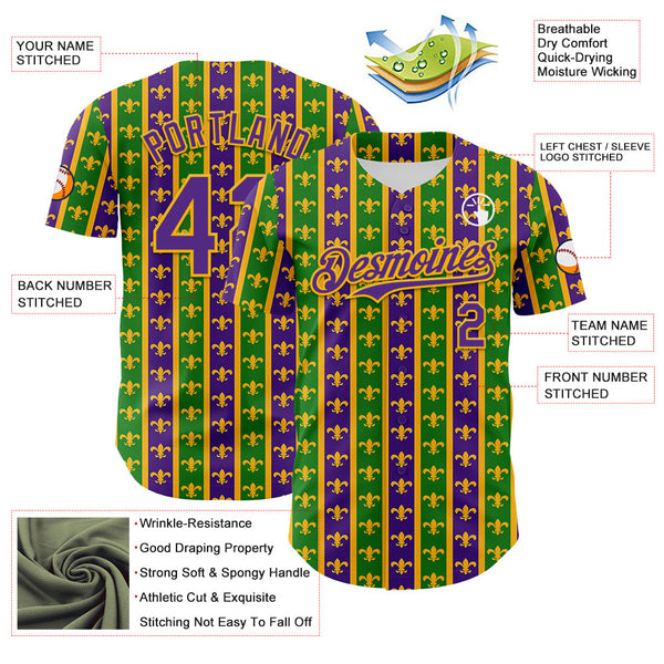 Maxcorners Custom Green Purple-Gold 3D Pattern Design Mardi Gras Shrove Tuesday Premium Baseball Jersey LM0210