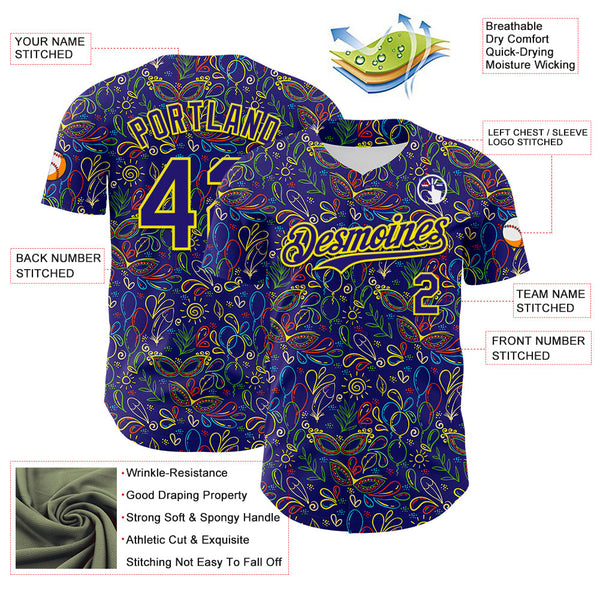 Maxcorners Custom Dark Purple Light Yellow 3D Pattern Design Mardi Gras Shrove Tuesday Premium Baseball Jersey LM0210