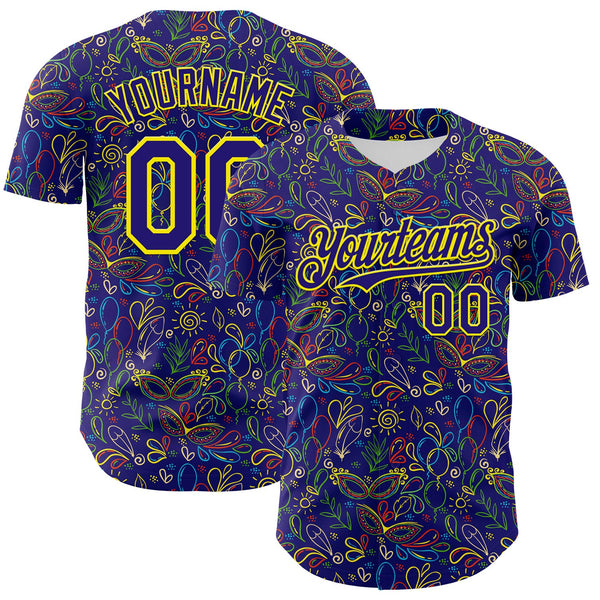 Maxcorners Custom Dark Purple Light Yellow 3D Pattern Design Mardi Gras Shrove Tuesday Premium Baseball Jersey LM0210