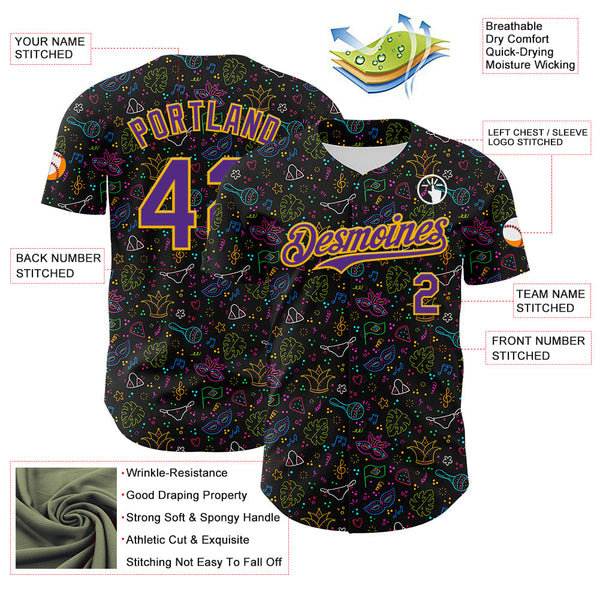 Maxcorners Custom Black Purple-Gold 3D Pattern Design Mardi Gras Shrove Tuesday Premium Baseball Jerseys LM0210