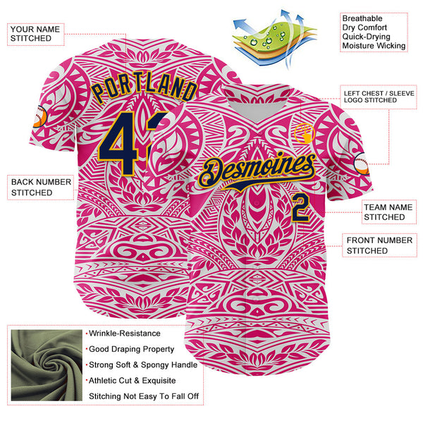 Maxcorners Custom Hot Pink Navy-Gold 3D Pattern Design Burner Costumes Ethnic Floral Premium Baseball Jersey LM0210