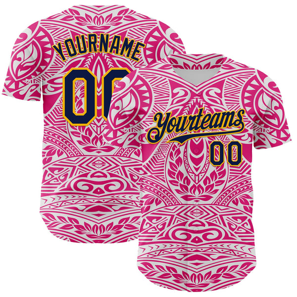 Maxcorners Custom Hot Pink Navy-Gold 3D Pattern Design Burner Costumes Ethnic Floral Premium Baseball Jersey LM0210